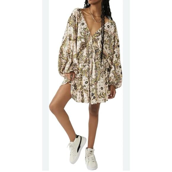 Free People Arzel Printed Mini Boho Dress X-SMALL Tea Combo - Picture 2 of 12